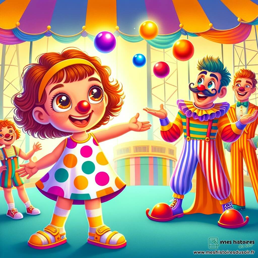 Une petite fille de 6 ans, Lila, se tient au centre de la scène, avec de grands yeux curieux et un large sourire. Elle a des cheveux bouclés châtains et porte une robe à pois colorée avec des sandales jaunes, tendant les bras vers un grand foulard rayé qui flotte. À côté d'elle, un clown joyeux d'environ 30 ans jongle avec des balles multicolores, riant de la situation. En arrière-plan, un trapéziste musclé nommé Max, âgé de 25 ans, se prépare à sauter, admirant Lila. La scène se déroule dans un cirque vibrant, avec des tentes colorées et un public enthousiaste. Lila, pleine d'énergie, essaie de rattraper le foulard, tandis que le clown et Max l'encouragent, créant une ambiance joyeuse.
