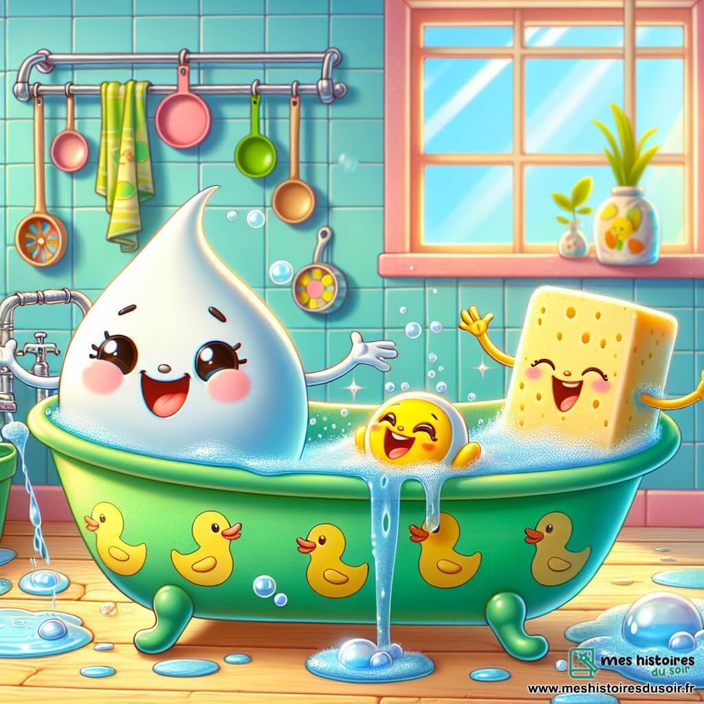 M. Gouttelette est un petit bonhomme rond et lisse avec un visage souriant et des yeux pétillants. Il se tient dans une baignoire verte ornée de motifs de canards, éclaboussant l'eau avec enthousiasme. À ses côtés, M. Savon, un cube coloré, glisse en souriant, créant des bulles. Mlle Éponge, douce et jaune, chante joyeusement en flottant. La scène se déroule dans une cuisine colorée avec des murs bleu pastel et des ustensiles brillants. M. Gouttelette et ses amis remplissent la baignoire en riant, défiant la gravité avec des éclaboussures et des bulles, créant une atmosphère festive.