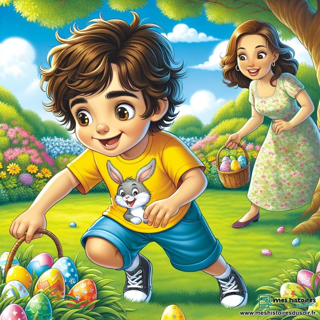 Un garçon de 6 ans, Max, avec des cheveux bruns en bataille et des yeux joyeux, cherche des œufs de Pâques dans l’herbe de son jardin. Il porte un t-shirt jaune avec un lapin et un short bleu, son visage exprime excitation et curiosité. Sa maman, une femme d’environ 30 ans avec des cheveux châtains en chignon, sourit en l’observant, vêtue d’une robe fleurie et tenant un panier d'œufs colorés. Le jardin est enchanteur, avec des fleurs colorées, un grand arbre et un ciel bleu. Max, accroupi, cherche un œuf caché, tandis que sa maman l’encourage.