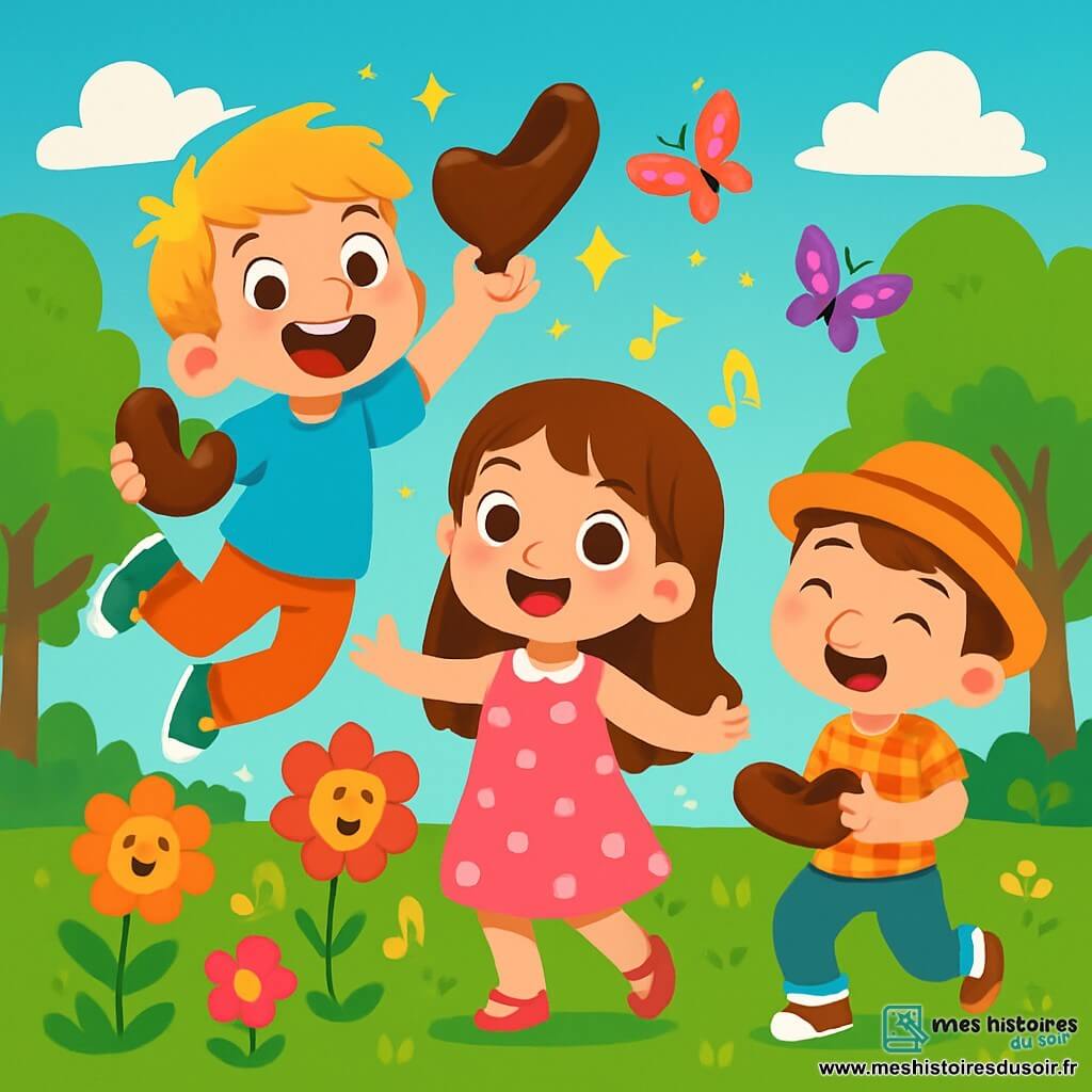 Il y a trois personnages : Lila, une fille de 7 ans avec de longs cheveux bruns et une robe rose à pois blancs, souriant au centre ; Max, un garçon de 8 ans avec des cheveux blonds en bataille et un t-shirt bleu, sautant à gauche avec une chaussure en chocolat ; et Tom, un garçon de 7 ans avec des cheveux châtains et un chapeau rigolo, dansant à droite avec une chaussure en chocolat. L'action se déroule dans un jardin ensoleillé rempli de fleurs colorées chantantes, avec des arbres verts et des papillons multicolores. Max saute dans le ciel tandis que Lila et Tom dansent autour de lui, créant une ambiance magique et joyeuse.