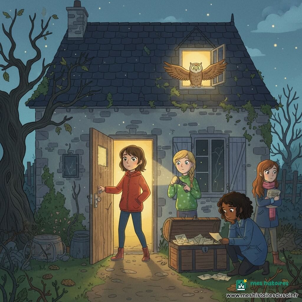 Quatre filles explorent la Maison du Hibou au crépuscule : Lila (10 ans, cheveux bruns courts, veste rouge) tient la poignée de la porte en bois au centre-gauche, expression déterminée ; Zoé (9 ans, blonde en tresse, pull vert à pois) à droite de Lila, pointe une lampe de poche vers le grenier, yeux curieux ; Maïa (9 ans, cheveux noirs bouclés, manteau bleu) accroupie près d'un coffre ancien ouvert, feuilletant des lettres jaunies, visage songeur ; Inès (8 ans, cheveux châtains longs, écharpe rose) juste derrière Maïa, serre un journal contre sa poitrine, air timide mais rassuré. La grande maison en pierre couverte de lierre, volets cassés et toit en tuiles sombres, se tient au bout d'un chemin boueux avec un jardin sauvage et un vieux chêne à gauche ; une lucarne ouverte laisse échapper un halo doré : un hibou perché sur une poutre du grenier, ailes légèrement déployées, éclaire la scène, créant un mélange de mystère et de chaleur avec forts contrastes entre ombres bleutées et lumière dorée, poussière flottante, toiles d'araignée et bois craquant, composition centrée sur la porte ouverte, le coffre et l'hibou lumineux en hauteur.
