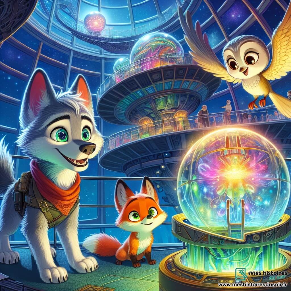 Dans un musée futuriste flottant, un jeune loup nommé Léo, émerveillé par une grande machine aux formes étranges et illuminée de couleurs vives, sourit avec ses oreilles dressées. À ses côtés, Noé, un renard orange vif, regarde la machine avec curiosité, tandis que Mila, une chouette aux plumes dorées, vole au-dessus d'eux, observant la scène. Le musée, immense et sphérique, flotte au-dessus d'un lac artificiel, avec des murs en verre transparent et des lumières colorées. Léo, Noé et Mila découvrent ensemble la mystérieuse Machine des Rêves, entourés de lumières clignotantes et de sons doux, promettant des aventures incroyables.