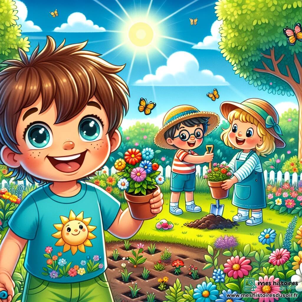 Au premier plan, Léo, un garçon de 6 ans aux cheveux bruns en bataille et aux yeux curieux, sourit en tenant un pot de fleurs colorées. Il porte un t-shirt bleu avec un dessin de soleil et un short vert, accroupi dans le jardin pour planter une fleur. À ses côtés, Tom, également âgé de 6 ans, a des cheveux blonds et des lunettes rondes, et creuse un trou avec une petite pelle, souriant d'excitation. Ils sont entourés de leurs mamans, qui les encouragent. Le jardin est ensoleillé, rempli de fleurs, de verdure et d'arbres, avec un ciel bleu et des papillons. Léo et Tom, concentrés et heureux, plantent des fleurs pour aider la nature, symbolisant leur engagement à protéger l'environnement.