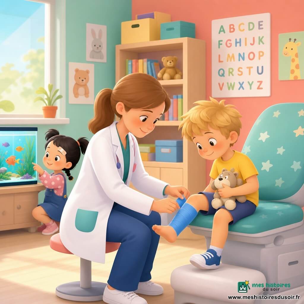 Docteure souriante aux cheveux châtain clair attachés, en blouse blanche, ajuste un plâtre bleu sur la jambe d’un garçon d’environ 6 ans assis sur une chaise médicale, cheveux blonds, expression soulagée, tenant une peluche ; une fillette de 4 ans aux couettes et pansement au front joue près d’un aquarium à l’arrière‑plan ; salle lumineuse aux murs mint et corail avec dessins d’animaux, étagère colorée, poster d’alphabet et fenêtre laissant entrer une lumière douce, ambiance chaleureuse et rassurante.