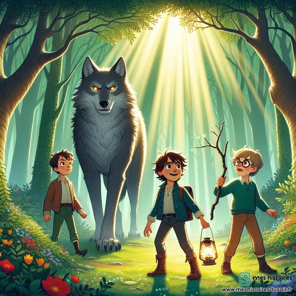 Dans une clairière enchantée, trois garçons se tiennent face à un grand méchant loup. Hugo, 10 ans, brandit un bâton comme une épée. Jules, 9 ans, tient une lanterne et sourit, tandis que Théo, 11 ans, les bras croisés, semble réfléchir. Le loup, majestueux avec son pelage gris et ses yeux dorés, a une expression menaçante mais sage. La clairière, entourée d'arbres et de fleurs colorées, crée une atmosphère magique. Les garçons, bien que nerveux, sont déterminés à découvrir le secret du loup.