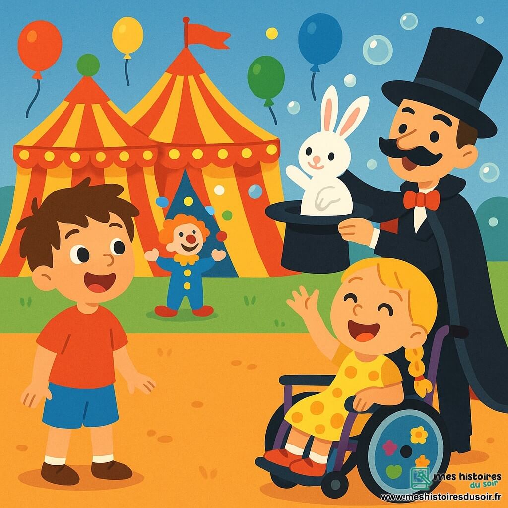 Deux personnages principaux : Léo, un garçon de 7 ans aux cheveux châtains en bataille, portant un t-shirt rouge et un short bleu, souriant avec émerveillement, et Zoé, une fille de 6 ans aux cheveux blonds tressés, vêtue d'une robe jaune à pois, assise dans son fauteuil roulant décoré de stickers colorés, riant joyeusement. Le lieu est un cirque vibrant et coloré, avec des tentes rayées rouges et jaunes, des lumières scintillantes et des ballons flottants. En arrière-plan, un clown jongle avec des balles multicolores, tandis qu'un magicien en cape noire et chapeau haut de forme se tient près d'eux, entouré de bulles de savon. Léo et Zoé sont émerveillés par la magie du cirque, alors que le magicien fait apparaître un lapin blanc de son chapeau, créant une atmosphère joyeuse et magique.