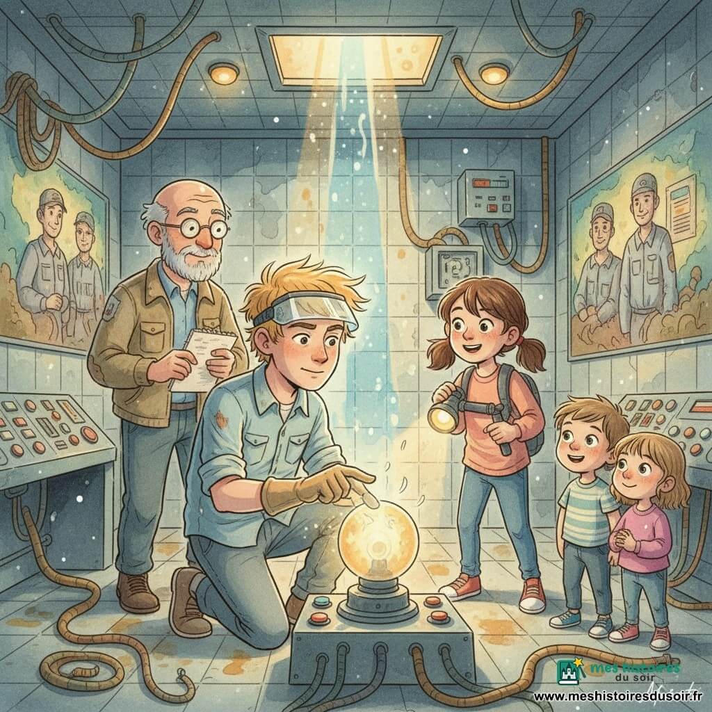 Téo, un jeune homme au visage concentré et serein, cheveux en bataille et visière translucide, accroupi devant une petite sphère lumineuse qu’il stabilise en appuyant sur un bouton, Lila, une fillette de neuf ans aux couettes brunes, yeux écarquillés et sourire émerveillé, éclaire la sphère avec une lampe torche depuis la droite, Monsieur Dufort, un homme de 70 ans à la barbe grise courte, veste usée et lunettes rondes, observe calmement avec un carnet derrière Téo à gauche prêt à conseiller, deux enfants d’environ sept ans mains jointes regardent en bas à droite, émerveillés ; la scène se déroule dans une salle souterraine de centrale réhabilitée aux murs carrelés patinés, peintures murales d’équipes anciennes, consoles rétro-futuristes et câbles enroulés, sol métallique usé baigné de gouttes de lumière chaude ; la petite sphère émet un halo doré et filaments bleuâtres, des faisceaux montent vers une trappe ouverte, atmosphère tranquille et héroïque, gestes précis, palette douce de bleus, ocres et verts avec accents lumineux blancs.