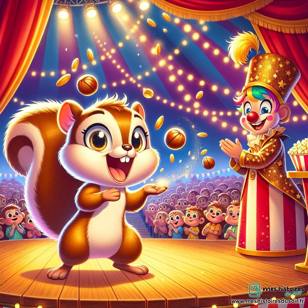 Un petit écureuil nommé Filou, aux yeux pétillants et à la fourrure brune, se tient sur une scène de cirque, souriant joyeusement. Il jongle avec des noisettes, tandis que des confettis dorés tombent autour de lui. À ses côtés, un clown aux cheveux multicolores applaudit en tenant du pop-corn. Un magicien en cape étoilée observe avec émerveillement. Le chapiteau rayé de rouge et de blanc est rempli de spectateurs enthousiastes, captivés par la performance de Filou.
