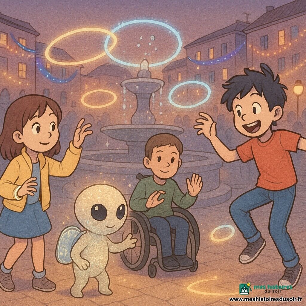Quatre personnages : Lina, environ 10 ans, cheveux bruns mi-longs, veste jaune claire et jupe bleue, regarde l'extraterrestre avec curiosité et fait un geste de danse à gauche ; Nino, environ 11 ans, cheveux noirs en broussaille, tee-shirt rouge et jean, souriant et énergique, fait un grand pas à droite ; Yanis, environ 11 ans, en fauteuil roulant manuel, cheveux courts et pull vert, calme au centre, mains levées formant un cercle ; et un petit extraterrestre rond et scintillant, peau pailletée, grands yeux noirs et sac transparent rempli de poussière brillante, posé près d'une fontaine et tendant la main comme pour inviter à danser. Lieu : place pavée au crépuscule, fontaine de pierre au centre, immeubles ornés de rubans lumineux (bleu, violet, or) et lampadaires projetant des halos, foule en retrait, ambiance chaleureuse et légèrement magique. Situation : les enfants dansent avec l'extraterrestre sous des anneaux de lumière tournants, bracelets lumineux et poussière brillante forment des mots et des symboles flottants ; plan moyen, couleurs pastel saturées, traits doux de bande dessinée, expressions émerveillées et mouvement fluide.
