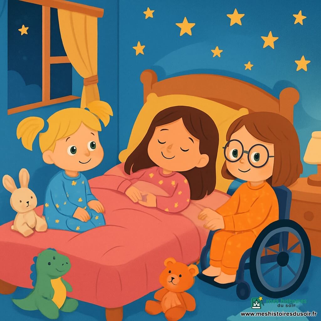 Trois personnages sont présents : Mia, une petite fille de 4 ans aux longs cheveux bruns, en pyjama rose à pois, allongée sur son lit avec un sourire paisible ; Zoé, une autre petite fille de 4 ans avec des cheveux blonds en couettes, en pyjama bleu étoilé, assise au bord du lit et regardant Mia avec tendresse ; et Lina, une petite fille en fauteuil roulant, avec des cheveux châtains et des lunettes rondes, tenant la main de Mia avec un regard doux. La chambre est douillette, avec des murs bleu clair, des étoiles dorées au plafond, un grand lit aux draps roses entouré de peluches, une lampe diffusant une lumière douce et des coussins moelleux. Les trois amies sont blotties sous une couverture rose, respirant calmement, partageant des pensées joyeuses et créant une atmosphère de sérénité.