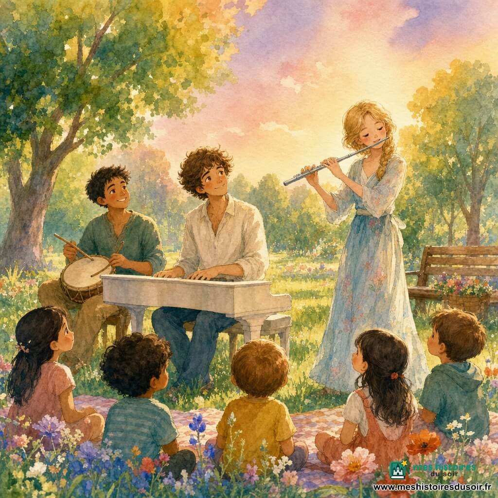 Jules, un jeune homme d'environ 20 ans aux cheveux bruns bouclés et au sourire doux, est assis au petit piano blanc, les doigts sur les touches, l'air rêveur ; à sa droite, Lila, jeune femme à la peau claire et tresse blonde, souffle doucement dans une flûte argentée ; légèrement en arrière à gauche, Manu, jeune homme bronzé aux cheveux courts, frappe un petit tambour rond avec des baguettes ; ils jouent en cercle dans un parc en fin d'après-midi — pelouse fleurie, quelques arbres à l'aquarelle, un banc et des enfants assis sur une couverture — le ciel pastel diffuse une grande lumière douce, ambiance joyeuse, paisible et aquarelle lumineuse.