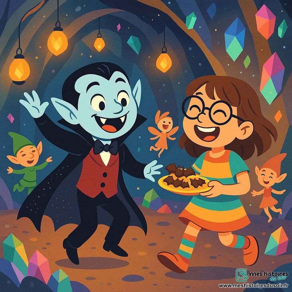 Un vampire joyeux, avec une cape noire scintillante et des yeux pétillants, danse lors d'une fête. Il a des dents pointues et un sourire éclatant. À côté de lui, Laura, une fille de 10 ans avec des cheveux bruns et des lunettes, rit, portant une robe colorée et des chaussettes rayées, tenant une assiette de gâteaux en forme de chauve-souris. La scène se déroule dans une grotte magique, illuminée par des lanternes flottantes, avec des murs scintillants de cristaux. Des créatures fantastiques dansent autour d'eux, créant une ambiance festive. Le vampire et Laura s'amusent ensemble, célébrant leur amitié dans un univers enchanteur.