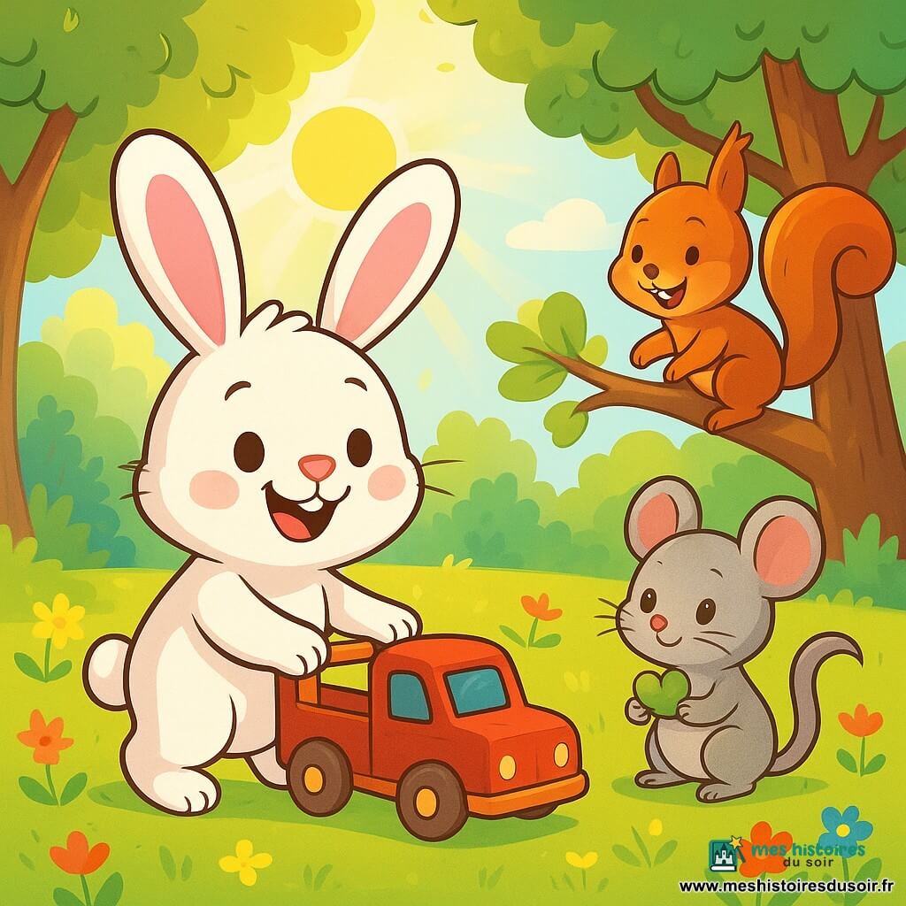 Au centre de l'image, un Lapinou joyeux avec de grandes oreilles roses et un pelage doux et blanc pousse un petit camion rouge en bois. Ses yeux brillent d'excitation et il sourit largement. À ses côtés, Souricette, une petite souris grise, regarde le camion avec émerveillement, un brin de trèfle en forme de cœur dans ses pattes. Un peu plus loin, Écureuil, avec sa fourrure rousse, grimpe sur une branche en riant. La clairière est illuminée par la lumière dorée du matin, avec des fleurs colorées et des rayons de soleil filtrant à travers les arbres. La scène montre Lapinou et ses amis jouant ensemble autour du camion, créant une ambiance joyeuse.