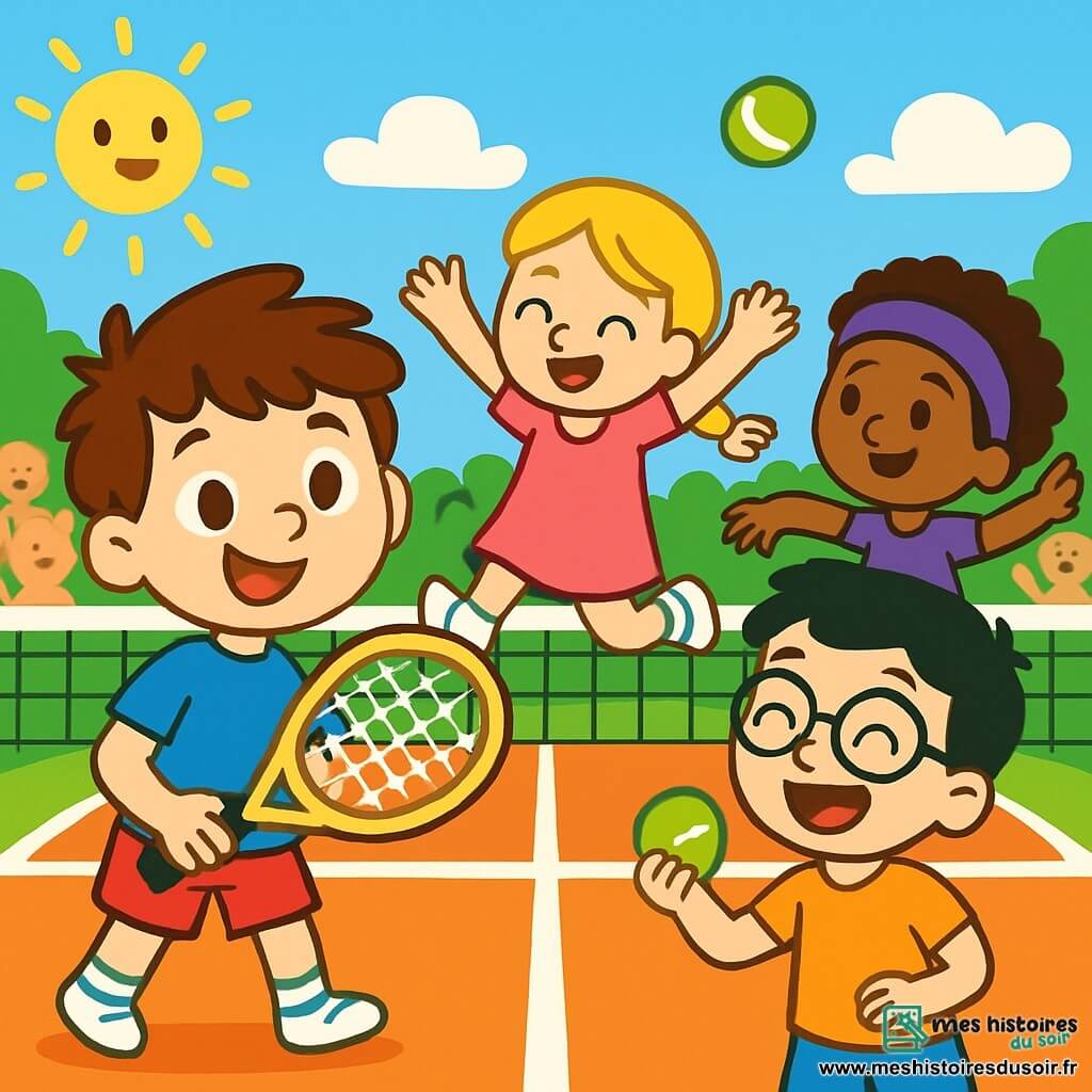 Timéo, un garçon de 4 ans avec des cheveux bruns en bataille et un grand sourire, tient une raquette de tennis jaune. À ses côtés, Zoé, également âgée de 4 ans avec des cheveux blonds tressés, saute de joie en robe rose. Louis, un autre garçon de 4 ans avec des lunettes et des cheveux noirs, rit en tenant une balle de tennis verte, tandis que Jade, avec des cheveux frisés et un bandeau violet, s'étire. La scène se déroule sur un court de tennis ensoleillé, entouré de verdure, avec des spectateurs applaudissant. Timéo, nerveux mais déterminé, se prépare à frapper la balle qui arrive.