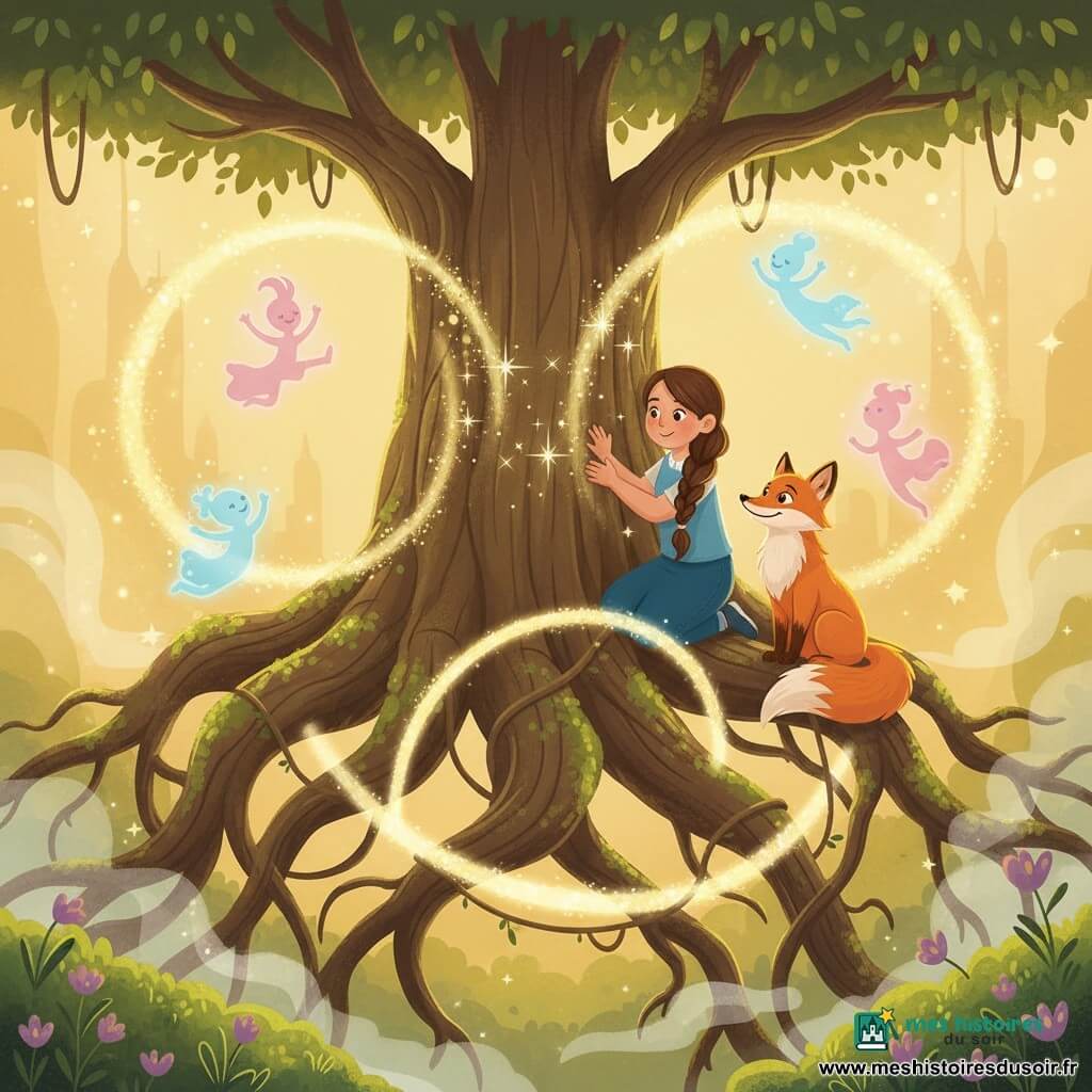 Lucia, jeune femme au visage rond et souriant et tresse brune, pose les mains sur le tronc d’un énorme arbre d’où jaillissent des étincelles dorées ; à sa droite, Flamme le renard orange est assis sur une racine, attentif et fier. Autour de l’arbre flottent en cercle de petits esprits lumineux bleu pâle et rose. La vallée secrète est baignée d’une lumière dorée, avec un arbre gigantesque aux racines entrelacées plongeant dans deux mondes, mousses vert émeraude, fleurs mauves et brume légère ; des lianes brillantes et un pont de lumière commencent à se former entre les racines, créant une ambiance chaleureuse au style vectoriel simple et enfantin.