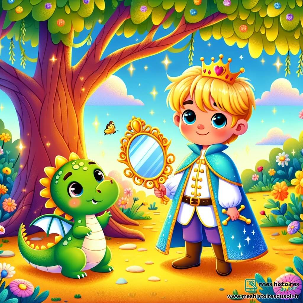 Un prince souriant, portant un manteau bleu éclatant, se tient sous un arbre doré. Ses yeux brillent de curiosité et de joie, et il tient une petite épée scintillante en regardant un ancien miroir à ses pieds. À ses côtés, un petit dragon vert, aux écailles brillantes, semble heureux et enthousiaste, prêt à l'aider. La scène se déroule dans une clairière enchantée, entourée de fleurs colorées et de papillons. Le prince et le dragon découvrent ensemble le trésor de l’amitié, riant et s’émerveillant devant la magie de leur rencontre.
