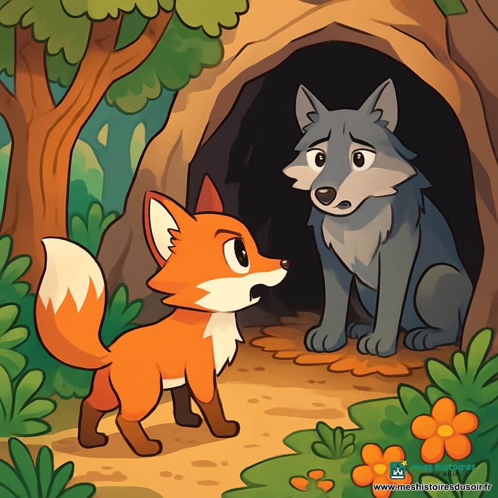 Un renard aux yeux pétillants et à la fourrure flamboyante se tient devant l'entrée d'une grotte sombre, affichant curiosité et détermination. Sa queue touffue est dressée, et ses oreilles sont attentives. À l'intérieur, un grand loup à la fourrure grise observe le renard avec surprise et tristesse, assis sur un lit de feuilles sèches. La scène se déroule dans une forêt dense, où des arbres noueux filtrent la lumière du soleil, entourés de fougères et de fleurs colorées, créant une ambiance magique. Le renard pose une question audacieuse au loup, qui semble réfléchir, instaurant une tension palpable.