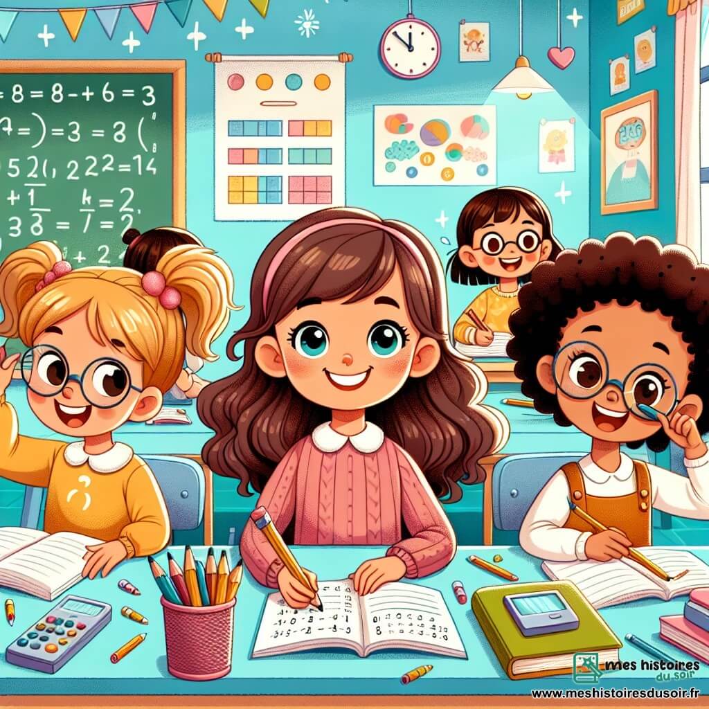 Trois filles de huit ans se tiennent dans une salle de classe colorée. Clara, avec des cheveux bouclés et un grand sourire, est assise à une table entourée de crayons et de livres. À sa droite, Mia, avec des cheveux raides, fait une grimace amusante en tenant un crayon. À gauche, Léa, en fauteuil roulant, sourit avec un livre ouvert sur ses genoux. La salle est lumineuse, avec des murs bleu clair et des affiches sur les mathématiques et la lecture. Un tableau noir est rempli de dessins et d'équations, et la lumière du soleil illumine les visages des enfants. Elles travaillent ensemble sur des exercices de mathématiques, Clara étant un peu nerveuse mais soutenue par ses amies. L'atmosphère est joyeuse, remplie de rires et de camaraderie.