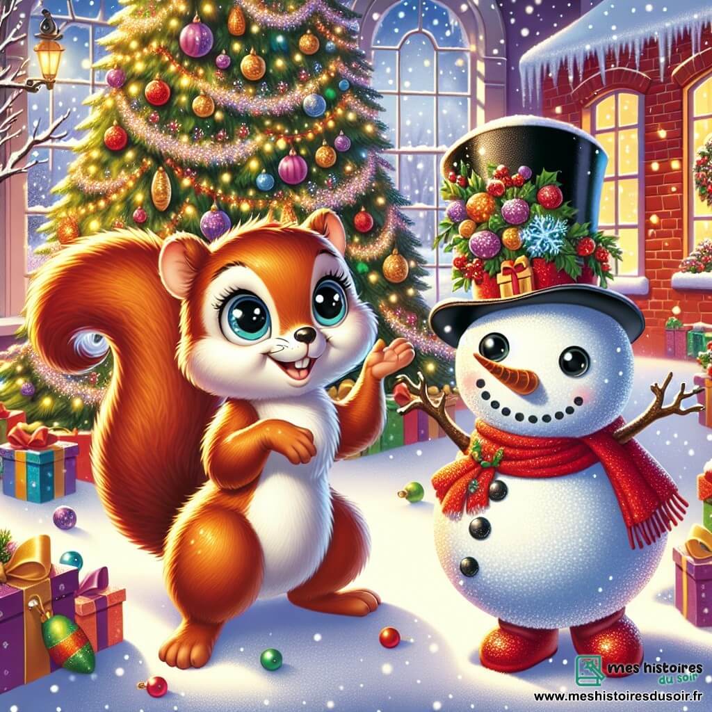 Un écureuil nommé Noisette, avec une fourrure brune et de grands yeux curieux, se tient devant un sapin de Noël décoré de guirlandes et de boules colorées. Il sourit, prêt à bondir de joie. À ses côtés, un bonhomme de neige nommé Frimousse, portant un chapeau haut de forme noir et une écharpe rouge, le regarde avec bienveillance, les bras ouverts. L'orphelinat est chaleureux, avec des murs de briques rouges et des fenêtres illuminées. La neige recouvre le sol et des flocons tombent du ciel. Noisette et Frimousse placent des petits cadeaux dans des chaussettes suspendues près du sapin, créant une atmosphère magique et joyeuse pour les enfants endormis.