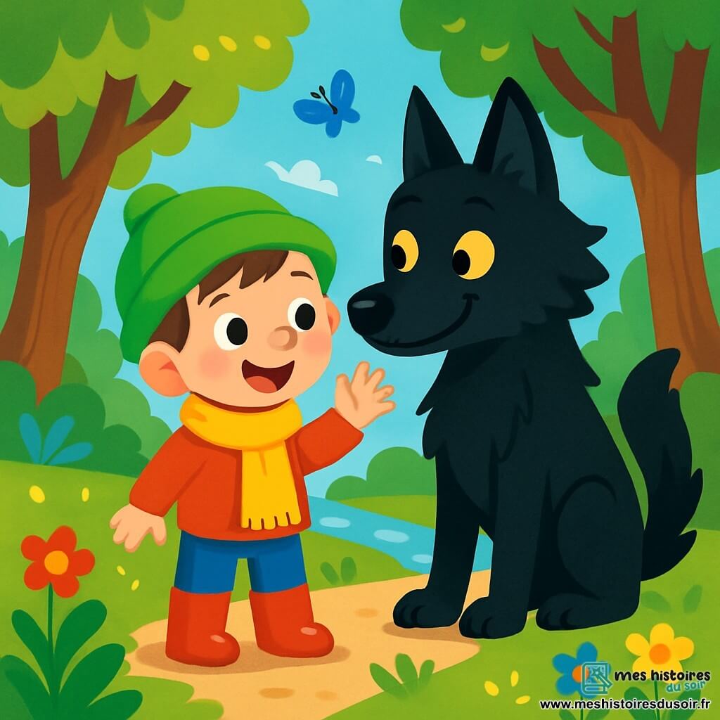 Léon, un petit garçon de 6 ans portant un chapeau vert vif, une écharpe jaune et des bottes rouges, se tient au centre de la scène avec un grand sourire, saluant un grand loup. Ce dernier, avec sa fourrure noire et ses yeux jaunes, semble surpris mais curieux. La scène se déroule dans une forêt enchantée, où les arbres majestueux et les fleurs colorées créent une atmosphère magique. Léon, courageux, s'approche du loup, qui commence à sourire timidement, symbolisant le début d'une belle amitié.
