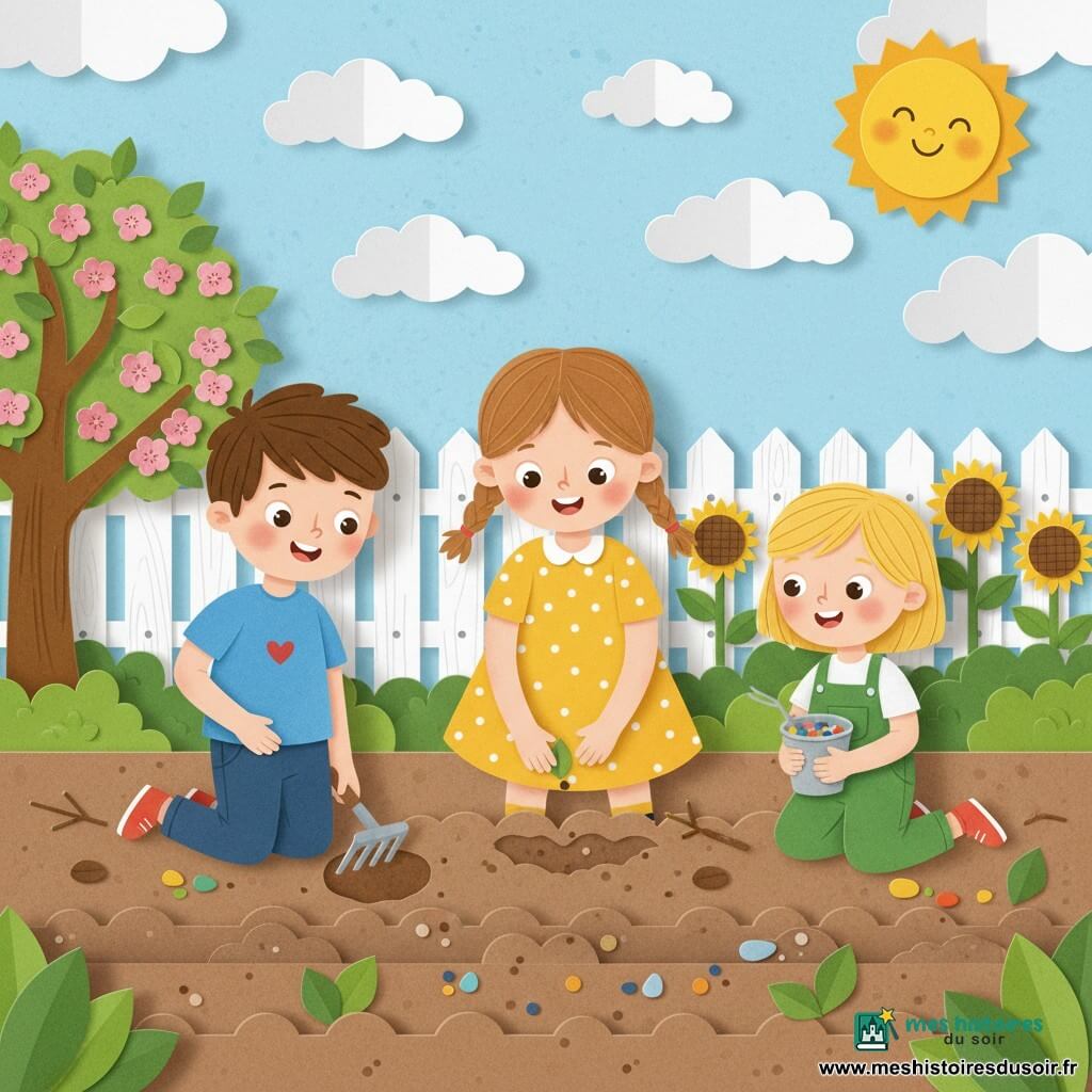 Trois enfants dans un jardin de maison au printemps : Léa, 7 ans, cheveux châtain clair en couettes, robe jaune à pois blancs, penchée et souriante, plante une graine au centre ; Tom, 8 ans, cheveux bruns courts, t-shirt bleu avec un petit cœur rouge, tient un râteau à gauche et creuse un trou en forme de cœur, regard enthousiaste ; Emma, 4 ans, cheveux blonds courts, salopette verte, à droite, agenouillée, tient un seau de petits cailloux colorés, yeux émerveillés. Le jardin a un sol brun doux avec rangées de petites mottes, une clôture blanche, un pommier à fleurs roses à gauche, quelques tournesols à l’arrière-plan, ciel bleu clair avec nuages ronds et un soleil souriant en haut à droite ; graphisme net avec feuilles découpées, textures papier collées, petites brindilles et cailloux colorés au sol, couleurs vives, ombres douces et bords découpés visibles, composition centrée et chaleureuse. Résumé : trois enfants plantent des graines dans un jardin printanier coloré et joyeux, style collage aux formes nettes.