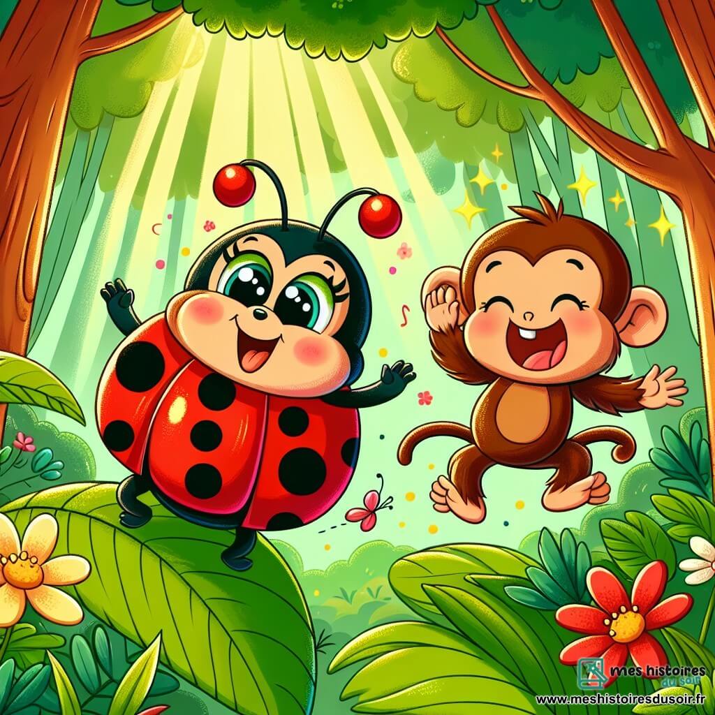 Une petite coccinelle nommée Lili, avec un dos rouge vif parsemé de pois noirs, vole joyeusement dans la jungle. Ses yeux pétillent de bonheur alors qu'elle saute d'une feuille à l'autre. À côté d'elle, un singe farceur aux poils bruns et aux yeux malicieux fait des grimaces, accroché à une branche. La jungle est luxuriante, avec des arbres géants, des fleurs colorées et des rayons de soleil filtrant à travers le feuillage. Lili et le singe s'amusent ensemble, remplissant l'air de rires et de joie, créant une atmosphère magique.