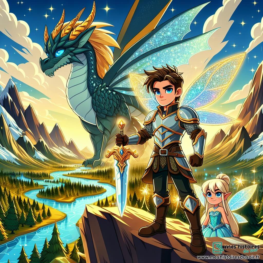 Thalion, un homme courageux d'environ 30 ans, se tient au sommet d'une montagne, son armure brillante sous le soleil couchant. Son visage déterminé et ses yeux bleus profonds sont tournés vers un dragon colossal aux écailles bleu éclatant, qui repose sur un tas de trésors. À ses côtés, une fée espiègle de 10 ans vole dans les airs, ses ailes scintillantes lui indiquant le chemin. Le paysage, avec ses montagnes, sa forêt dense et sa rivière, crée une atmosphère magique. Thalion se prépare à affronter le dragon pour prouver sa bravoure et protéger son royaume.