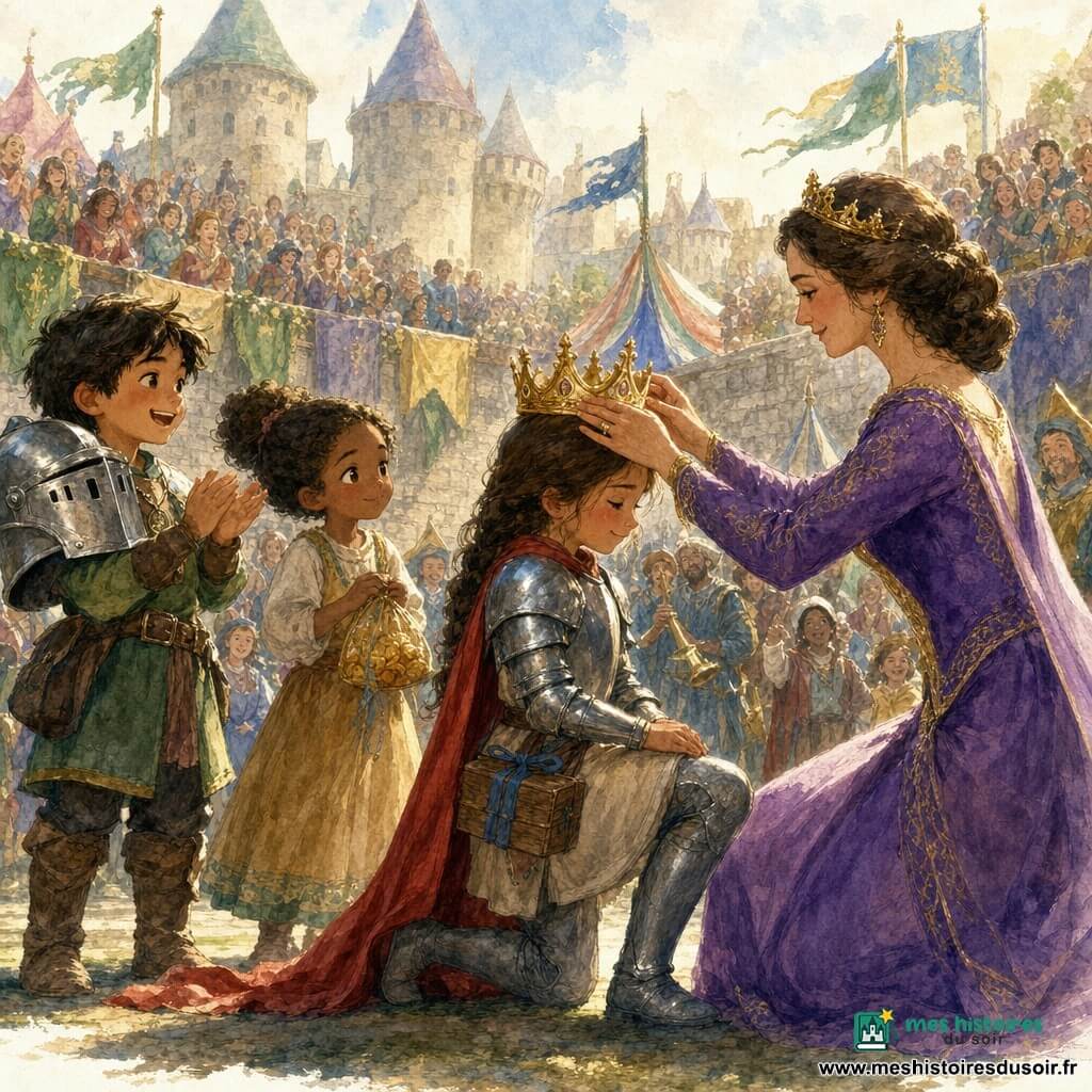 Une fillette d'environ 8 ans, chevaleresse courageuse au léger rouge aux joues, en petite armure brillante et cape rouge, s'agenouille tandis qu'une reine bienveillante en robe pourpre brodée d'or lui pose une couronne dorée ; à gauche, Marin, garçon de 9 ans espiègle au casque trop grand, applaudit, Lila, fille douce d'environ 8 ans en robe simple, tient un sachet de bonbons et regarde avec admiration ; le couronnement a lieu sur le terrain du tournoi devant un château aux tours claires, gradins remplis de spectateurs, bannières vertes, jaunes et bleues, musiciens et tentes en arrière-plan, baigné d'une lumière dorée matinale avec textures d'aquarelle, métal poli et tissus froissés.