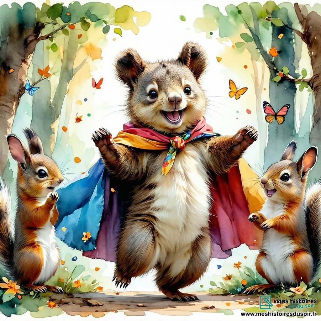 Barnabé, un ours en peluche brun aux grandes oreilles, porte une cape colorée et sourit espièglement en dansant sur une scène improvisée en forêt. Des animaux l'applaudissent : un écureuil avec une caméra et un lapin qui saute de joie. La scène se déroule dans une clairière entourée d'arbres majestueux et de fleurs colorées, sous un ciel bleu. Barnabé, en pleine performance, fait apparaître des fruits de sa cape tout en dansant, provoquant rires et applaudissements de ses amis animaux.