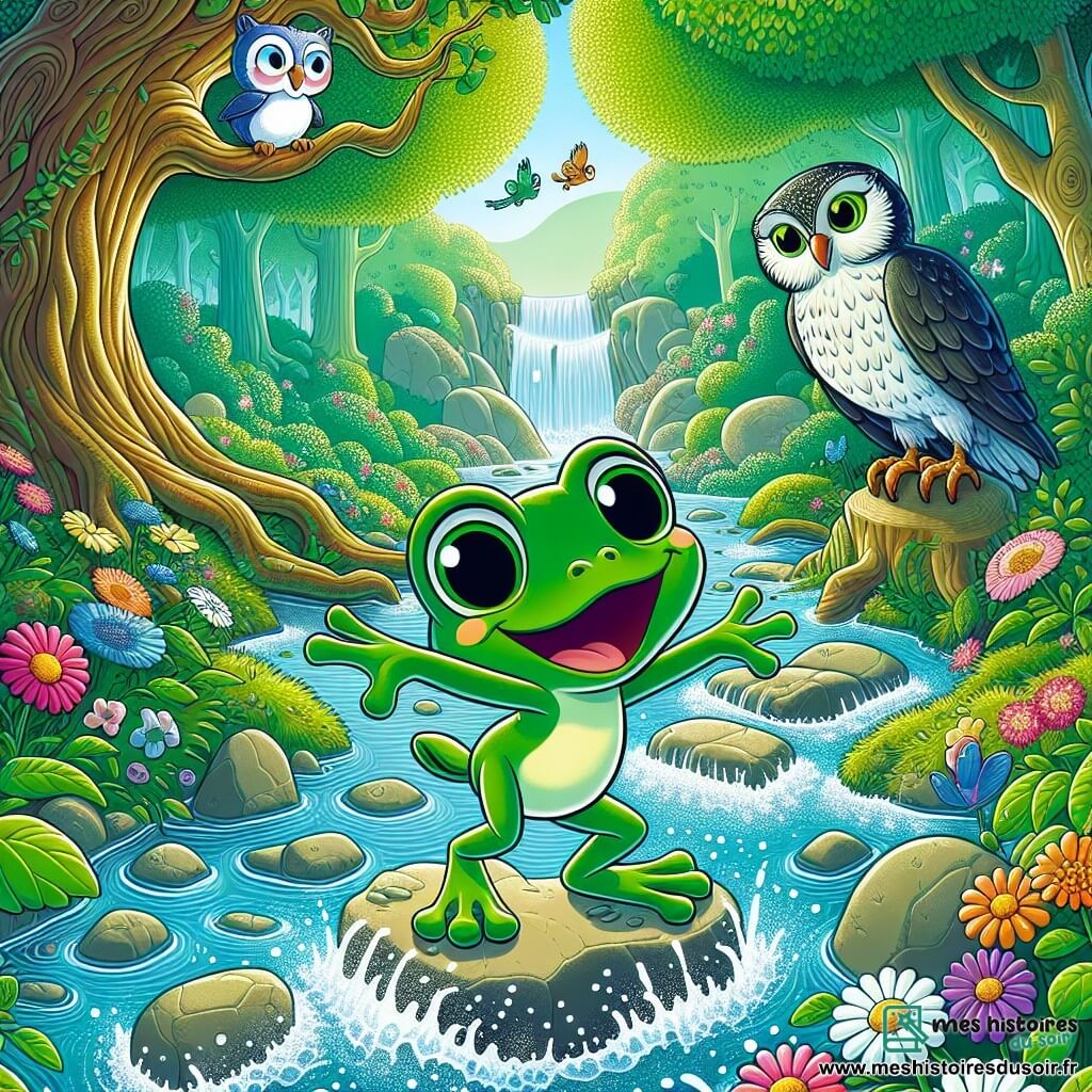 Fripouille, une petite grenouille joyeuse à la peau verte éclatante et aux yeux pétillants, se tient sur une pierre au bord d'un ruisseau. Elle affiche une expression d'excitation, prête à sauter pour traverser. À proximité, Sagesse, un hibou âgé aux plumes argentées, l'observe avec bienveillance. Le ruisseau est entouré de fleurs colorées et de grands arbres, créant une atmosphère enchantée. Fripouille, pleine de courage, saute de pierre en pierre, tandis que l'eau murmure des secrets.