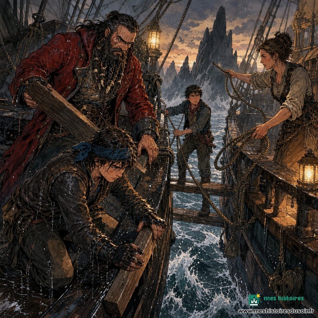 Maël, visage calme et déterminé, cicatrice au menton et foulard bleu humide, à genoux sur le pont mouillé les mains enduites de goudron calant une planche contre une fuite; à ses côtés Soren, grand et sévère, barbe tressée avec anneaux d’os et manteau rouge trempé, tenant une lourde planche; sur le pont du navire voisin Lila, charpentière d’environ 28 ans aux mains calleuses et cheveux attachés, lance une aussière et prépare des cordages; entre les deux navires Nox, garçon d’environ 14 ans, anxieux mais enthousiaste, tient rames et corde depuis une passerelle improvisée; scène de réparation d’urgence au crépuscule dans le passage étroit de l’Échine du Serpent, rochers noirs et brume épaisse, eau écumante contre les coques, bois et cordages dégoulinants, lanternes à huile projetant des halos jaunes, atmosphère dramatique et solidaire.