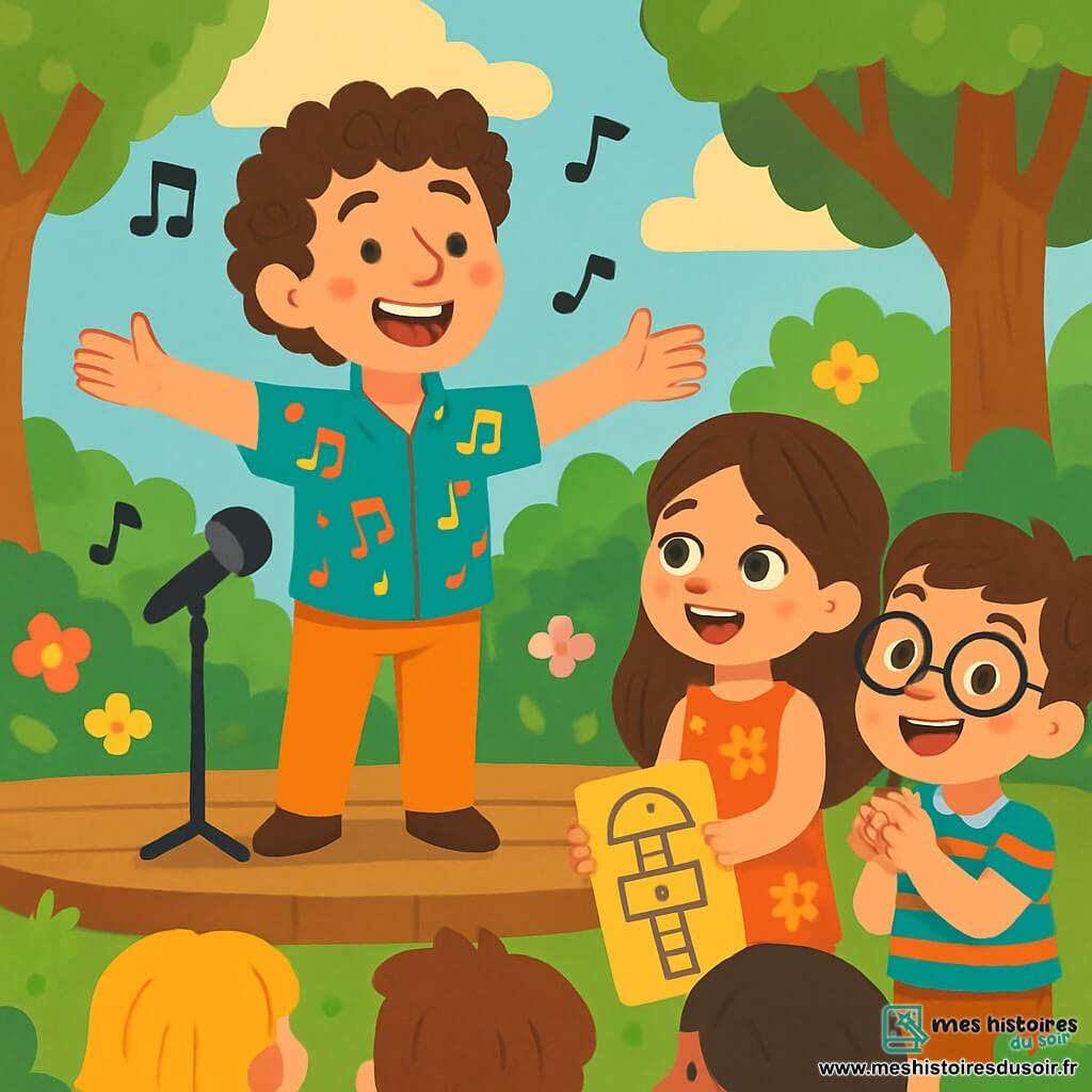 Monsieur Léo est un homme souriant avec des cheveux bouclés et une chemise colorée ornée de notes de musique. Il est sur une scène en bois, les bras ouverts, exprimant sa joie de chanter devant un public. Zoé, une petite fille de 8 ans avec des cheveux longs et bruns, porte une robe à fleurs et regarde Monsieur Léo avec émerveillement, tenant une marelle. À côté d'elle, Max, un garçon de 7 ans avec des lunettes rondes et un t-shirt rayé, applaudit avec enthousiasme. La scène se déroule dans un parc verdoyant, entouré d'arbres et de fleurs, avec des enfants assis sur l'herbe, impatients d'écouter la musique.