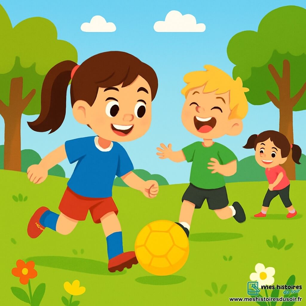 Léa, une petite fille de 8 ans avec de longs cheveux bruns en queue de cheval, porte un maillot de football bleu et un short rouge. Elle sourit en s'apprêtant à donner un coup de pied dans un ballon de football jaune. À côté d'elle, Max, un garçon de 7 ans aux cheveux blonds en bataille, rit en essayant de rattraper le ballon. Clara, une fille de 6 ans avec des couettes brunes, fait des étirements, vêtue d'un t-shirt rose et de leggings noirs. La scène se déroule dans un parc ensoleillé avec une pelouse verdoyante, des fleurs colorées et des arbres en arrière-plan. Léa et ses amis sont prêts à jouer au football, créant une atmosphère joyeuse.