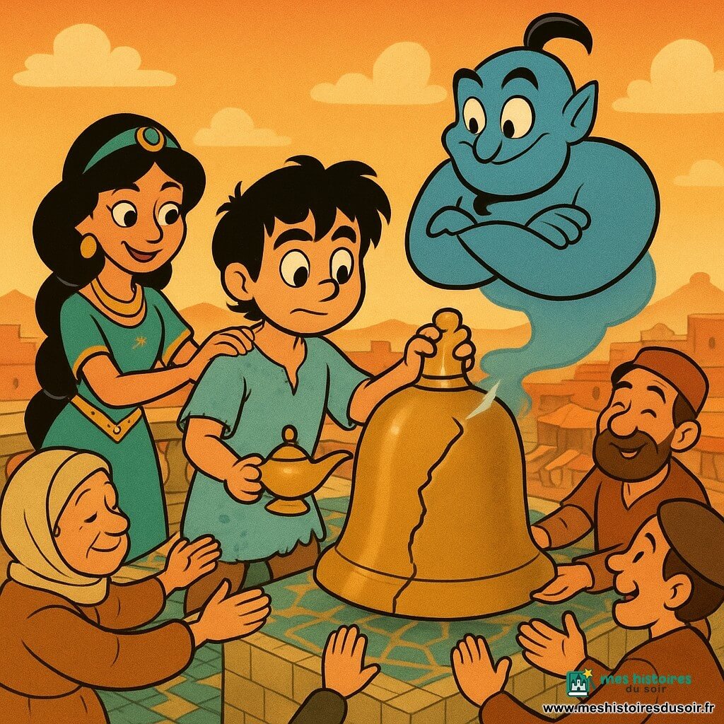 Aladdin, garçon au visage rond et cheveux noirs en bataille, porte une tunique bleu ciel usée, concentré et déterminé, tenant une lampe dorée d’une main et touchant doucement une grande cloche fendue de l’autre ; Jasmine, princesse d’environ 18 ans en robe émeraude brodée d’or et cheveux longs tressés, se tient à sa gauche, souriante et encourageante, la main sur son épaule ; un génie bleu vif, corpulence nuageuse et regard malicieux mais protecteur, flotte au‑dessus de la cloche tandis que des villageois forment un cercle autour d’elle, tendant la main vers la fissure d’où part un fil d’argent lumineux reliant leurs mains ; la scène se déroule au sommet d’une tour en pierre claire avec mosaïques turquoises et dorées, vue sur un souk et des toits ocres au coucher du soleil, atmosphère de chaleur, d’espoir et de réparation.