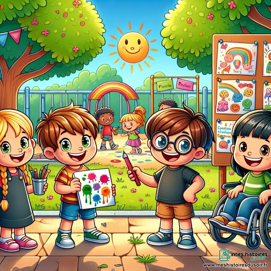Dans une cour d'école ensoleillée, quatre enfants se tiennent ensemble. Lucas, 8 ans, sourit avec une bande dessinée. Emma, 7 ans, rit en montrant une affiche positive. Thomas, 8 ans, pointe un panneau de soutien. Lila, 9 ans en fauteuil roulant, sourit avec un carnet et un crayon. La cour est entourée d'arbres et décorée de dessins. Les amis discutent de leur projet sur le harcèlement, encourageant la bienveillance et l'entraide, illustrant l'importance de l'amitié et du respect.