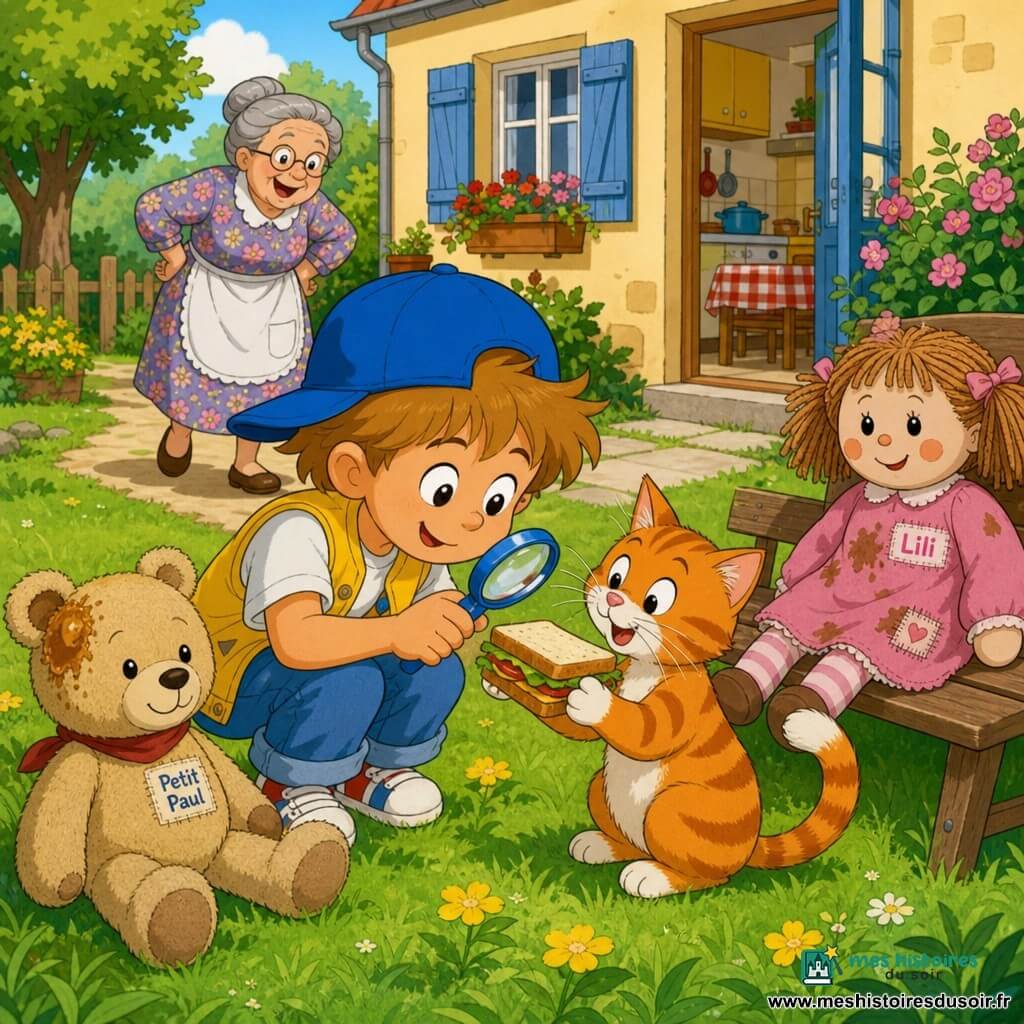 Tom, 4 ans, visage rond, cheveux châtain clair en bataille, casquette bleue trop grande, loupe en plastique dans la main droite et gilet jaune, s'accroupit sur la pelouse et pointe la loupe vers une tartine tenue entre les pattes de Gribouille, chat tigré orange et blanc; Mamie, ~65 ans, cheveux gris en chignon, lunettes rondes et robe à fleurs, rit doucement en s'approchant depuis l'allée du jardin; Lili la poupée de chiffon en robe rose tachée est assise sur le banc et regarde la scène, le doudou Petit Paul gît sur l'herbe avec des traces de confiture; jardin baigné d'une douce lumière d'après-midi, pelouse verte parsemée de fleurs jaunes, petite maison et porte ouverte sur la cuisine en arrière-plan, ambiance joyeuse et chaleureuse montrant entraide et proximité.