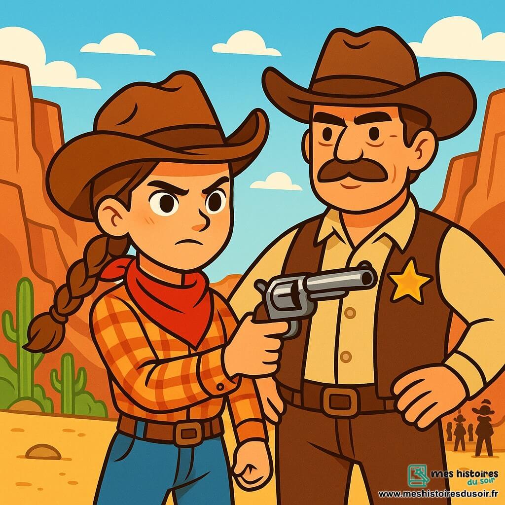 Une jeune cow-girl, Emily, se tient fièrement au centre de l'image, avec un regard déterminé. Elle porte un chapeau de cowboy, un foulard rouge et une chemise à carreaux. Ses cheveux châtains sont tressés. Elle brandit un revolver, prête à affronter le danger. À sa droite, le shérif de Red Rock, un homme buriné d'environ 40 ans, l'observe avec fierté, mains sur les hanches. En arrière-plan, un canyon désertique s'étend sous un ciel bleu, avec des parois rocheuses et quelques cactus. Emily fait face à un groupe de hors-la-loi, tandis que le shérif et les habitants approchent, prêts à intervenir. L'atmosphère est tendue, mais l'espoir brille dans les yeux d'Emily, prête à défendre la justice.
