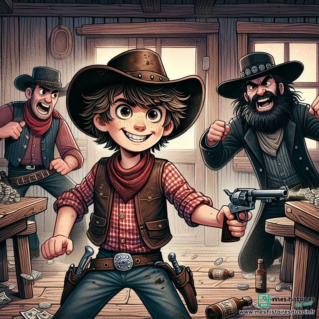Au centre de l'image, Jack, un cow-boy de 12 ans, se tient courageusement avec son chapeau en cuir. Ses cheveux châtains en bataille et ses yeux déterminés montrent sa bravoure alors qu'il pointe son revolver vers les bandits. Il porte une chemise à carreaux rouge, un gilet en cuir et un pantalon en denim usé. À sa droite, Black Bart, un bandit de 35 ans, grand et musclé, rit bruyamment avec ses complices en comptant l'argent volé, vêtu de vêtements sombres et usés. Le saloon, avec ses murs en bois vieilli, est en désordre, rempli de poussière et de bouteilles de whisky. La scène montre Jack défiant Black Bart et sa bande, prêt à les arrêter, tandis que les bandits, surpris, se retournent vers lui.