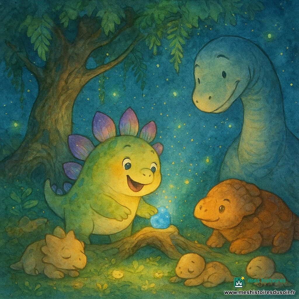 Stella, une stégosaure ronde et douce, est au centre, joyeuse, posant une petite pierre bleue lumineuse sur une racine ; derrière elle, Maurok le brontosaure veille en souriant et Rumo l’ankylosaure applaudit du regard, tandis que plusieurs petits dinosaures blottis dorment ou se tiennent la patte dans une clairière nocturne sous un arbre ancien aux racines spirales, fleurs phosphorescentes et mousse douce ; la pierre se transforme en pluie de lumières qui deviennent fleurs et sourires, créant une ambiance chaleureuse et magique, rendue en aquarelle douce aux contours légers et textures de papier visibles.
