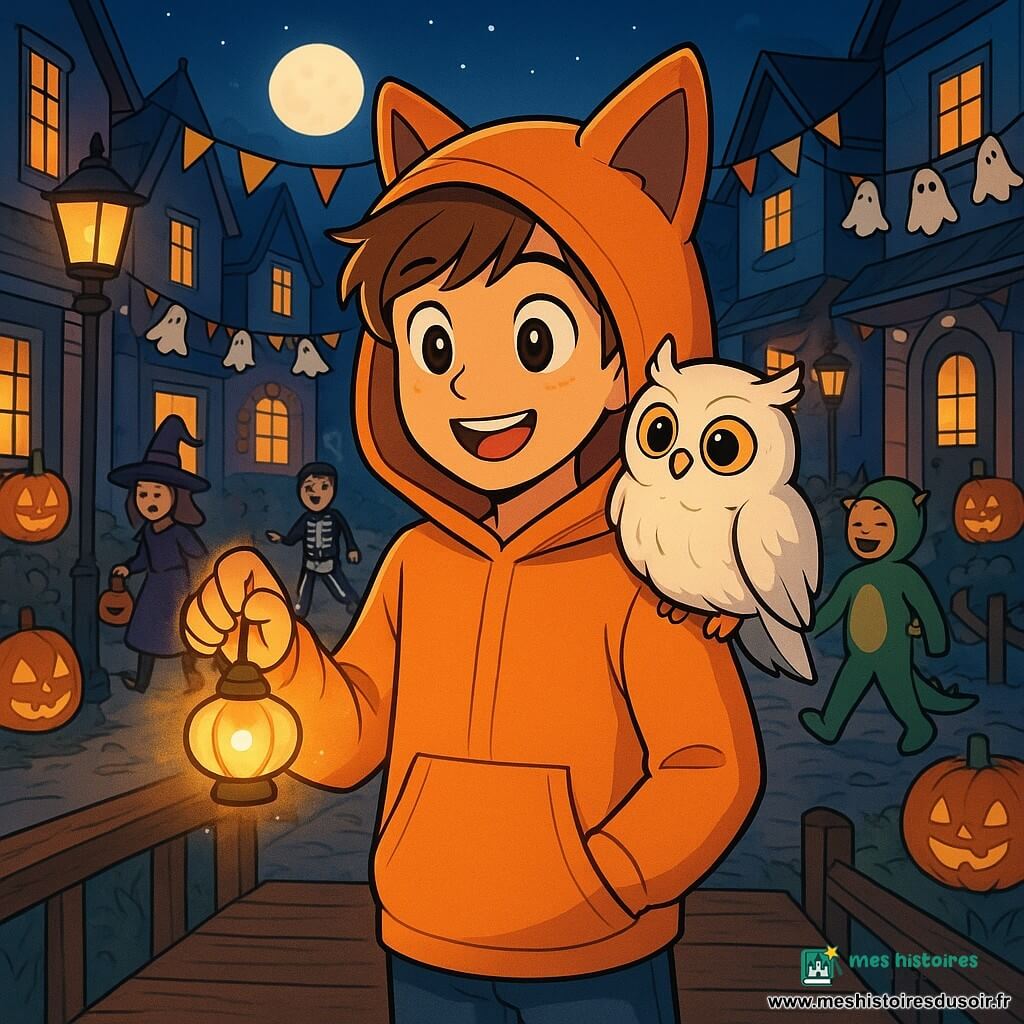 Léo, un garçon de 12 ans, se tient au centre de l'image, vêtu d'un costume de renard avec une capuche douce. Son visage rayonne d'un sourire émerveillé et ses yeux brillent d'excitation. À sa droite, une chouette blanche se perche sur son épaule, ses yeux ronds reflétant sagesse et mystère. Le décor est une rue animée d'Halloween, avec des maisons décorées de citrouilles et de guirlandes de fantômes. Les lampadaires diffusent une lumière dorée, créant une atmosphère magique. Léo tient une petite lampe en forme de luciole, illuminant son visage et le chemin devant lui. Il s'apprête à traverser un pont en bois, entouré d'enfants en costumes colorés qui rient et échangent des bonbons, dégageant une ambiance joyeuse et festive.