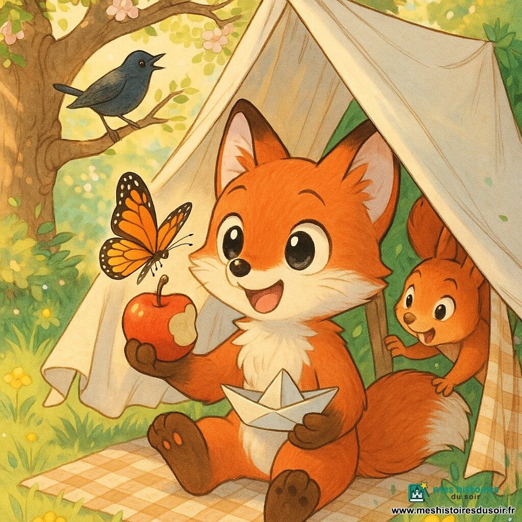 Lino, un renard roux anthropomorphe joyeux, assis dans une cabane de draps à carreaux et blancs, pelage brillant, tenant une pomme croquée et une feuille pliée en coupe, partage un moment tendre avec un papillon orange et noir posé sur sa patte, tandis qu'un merle noir aux reflets bleus chante sur une branche et qu'un écureuil roux curieux colle la tête entre les draps; lieu : clairière printanière avec herbe verte, fleurs jaunes, un grand arbre en fleurs blanches et roses, gouttes de rosée et lumière dorée du matin; ambiance intime et douce, couleurs pastel, textures suaves, style manga expressif pour enfants.