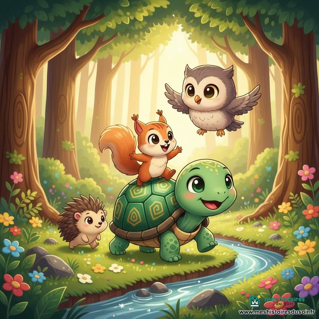 Tara la tortue, au centre, avance doucement et déterminée avec une carapace vert émeraude ornée de motifs dorés, portant Lilo l’écureuil rousses au sourire excité, tandis que Mina la chouette grise et crème vole au-dessus pour guider le groupe et Léon le hérisson piquant marche à côté en reniflant le sol ; ils traversent un ruisseau scintillant dans une clairière forestière lumineuse aux troncs brun chocolat, feuillages verts et fleurs colorées, en direction d’une colline où manque le grand arbre, dans une ambiance d’aventure douce, couleurs vives et éclairage chaud, composition centrée et mignonne.