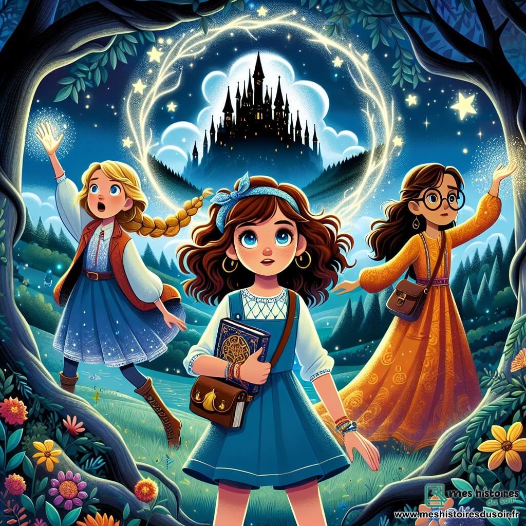 Au centre de l'image, Lisa, une fille de 12 ans aux cheveux châtains bouclés et aux yeux pétillants, sourit en tenant un carnet de croquis d'une main et une potion magique de l'autre. À sa gauche, Clara, 11 ans, avec de longs cheveux blonds tressés et une robe colorée, lève les bras en signe de victoire, entourée d'étoiles scintillantes. À droite, Emma, 12 ans, aux cheveux bruns et lunettes rondes, regarde déterminée un château sombre au loin, les mains sur les hanches. Le décor est une forêt enchantée avec des arbres aux feuilles d'argent et des fleurs multicolores, un portail scintillant entre les racines d'un grand chêne, et en arrière-plan, le château de Gorgath sur une colline. Les filles sont prêtes à s'aventurer dans le royaume magique de Luminara pour récupérer la lumière volée par le sorcier Gorgath, leurs expressions reflétant courage et excitation.