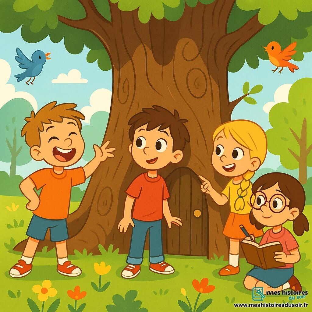 Quatre enfants, deux garçons et deux filles, se tiennent au pied d'un immense chêne dans un parc enchanté. Lucas, 8 ans, admire une petite porte sculptée dans le tronc de l'arbre. À sa droite, Clara, 7 ans, pointe la porte avec enthousiasme. À gauche, Max, 8 ans, fait un geste comique, tandis que Sofia, 7 ans, observe le chêne, prête à prendre des notes. Le parc est lumineux, avec des fleurs colorées et des oiseaux chantants, et le vieux chêne semble abriter des secrets magiques. Les enfants découvrent une porte mystérieuse, prête à les mener vers un monde féerique rempli de créatures magiques et d'aventures.