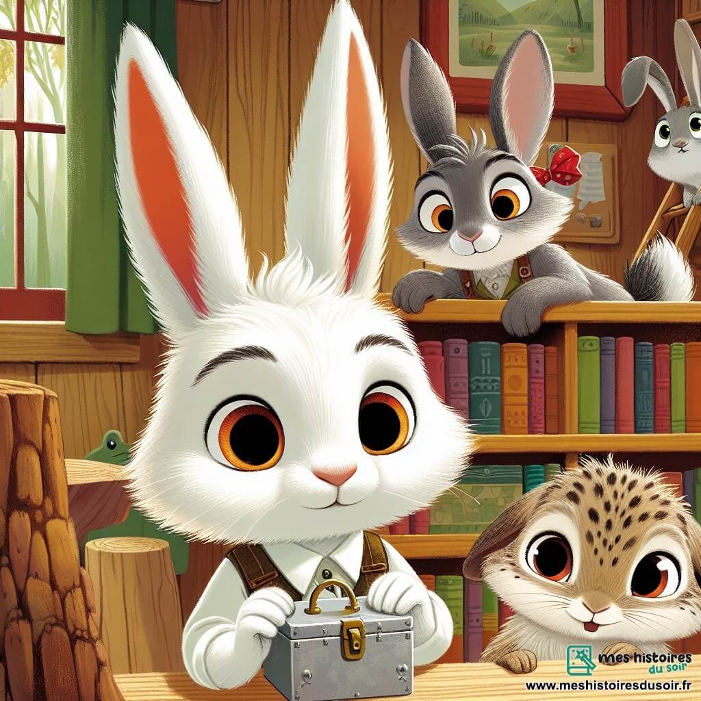 Au centre de l'image, Oscar, un jeune lapin à la fourrure blanche et aux grandes oreilles, regarde avec curiosité une petite boîte métallique. Ses yeux brillent d'excitation en découvrant un indice. À côté de lui, Léa, une lapine au pelage brun tacheté avec un nœud rouge sur l'oreille, observe le contenu de la boîte avec surprise. En arrière-plan, Théo, un lapin gris espiègle, grimpe sur un tronc d'arbre, prêt à aider. La scène se déroule dans la salle de sciences de l'École des Lapins, un endroit chaleureux et lumineux. Oscar et ses amis enquêtent pour résoudre le mystère du vol des graines magiques, dans une ambiance d'excitation et de camaraderie.