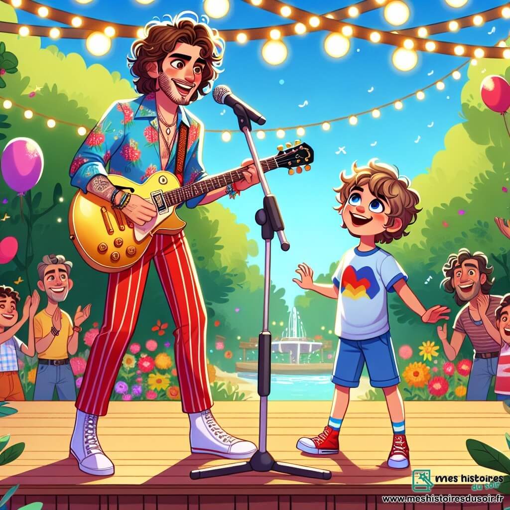 Maxime, un homme souriant aux cheveux bouclés et à la tenue colorée, se tient sur une scène en bois avec une guitare électrique brillante. Son visage exprime joie et excitation alors qu'il chante passionnément devant un public. À ses côtés, Léo, un garçon de 8 ans aux yeux pétillants et cheveux en bataille, est sur scène, souriant et prêt à chanter. Il porte un t-shirt bleu et un short rouge, semblant un peu nerveux mais heureux. Le parc ensoleillé est décoré de fleurs colorées, de guirlandes lumineuses et de ballons, créant une ambiance festive. Maxime et Léo chantent ensemble, entourés d'enfants et d'adultes dansant et applaudissant, tous captivés par la magie de la musique.