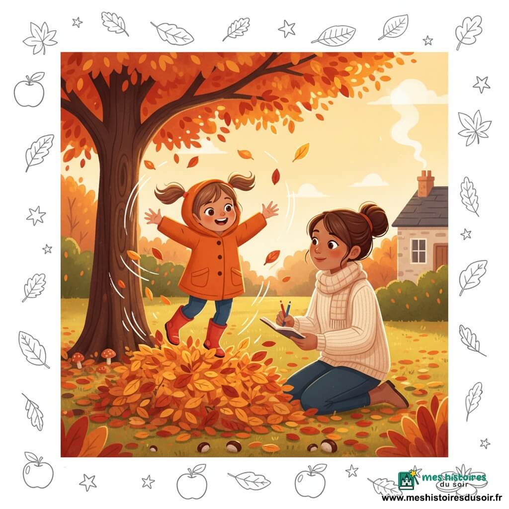 Fille de 6 ans joyeuse, cheveux châtain en couettes, manteau orange à capuche et bottes rouges, sautant dans un tas de feuilles rouges et jaunes, bras ouverts ; maman (30–35 ans) souriante, cheveux bruns en chignon, écharpe et pull crème, accroupie à côté avec un carnet de dessin et crayons, la regardant tendrement ; jardin avec grand arbre orangé, pelouse de feuilles, haie et petite maison en arrière-plan, lumière dorée de fin d’après-midi ; ambiance automnale chaleureuse aux couleurs saturées, textures visibles ; overlay de doodles : petites feuilles stylisées, étoiles et traits de mouvement blancs, esquisses d’apples et d’un petit nénuphar en coin.