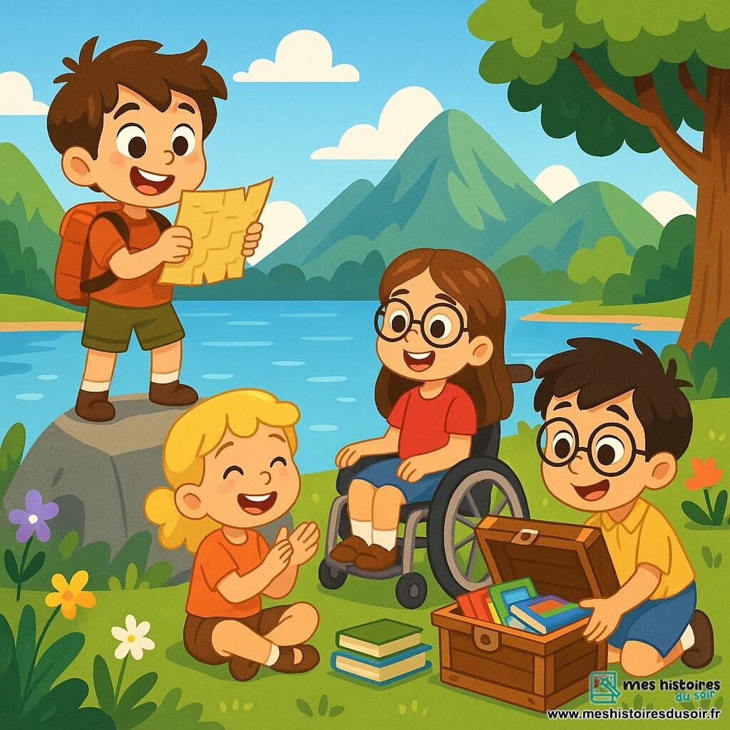 Quatre enfants aventuriers sont réunis au bord d'un grand lac scintillant. Léo, 8 ans, tient une carte ancienne sur un rocher, curieux et excité. Clara, 7 ans, applaudit Léo en souriant, assise sur l'herbe. Mia, 9 ans dans un fauteuil roulant, sourit joyeusement entourée de livres colorés. Tom, 8 ans avec des lunettes, est accroupi près du lac, émerveillé par un petit coffre en bois. Le lac est entouré de montagnes verdoyantes, d'arbres majestueux et de fleurs colorées, sous un ciel bleu parsemé de nuages. Les enfants découvrent un vieux coffre rempli de livres et de jeux, exprimant joie et émerveillement, symbolisant leur amitié et leur esprit d'aventure.
