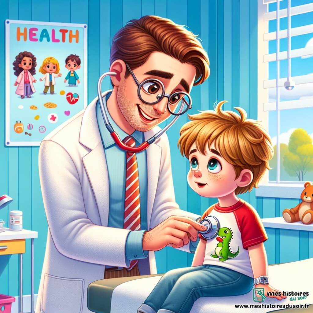 Un homme, le docteur Paul, souriant et bienveillant, porte une blouse blanche et un stéthoscope. Il écoute le cœur d'un petit garçon de 6 ans, blond et portant un t-shirt rouge avec un dinosaure. Assis sur une table d'examen, le garçon affiche un sourire timide, un peu inquiet mais rassuré par la gentillesse du docteur. Le cabinet médical est lumineux, avec des murs bleu ciel, des affiches de dessins animés et des jouets au sol. Le docteur Paul rassure le garçon en lui expliquant doucement la procédure, tandis que celui-ci observe curieusement le stéthoscope.