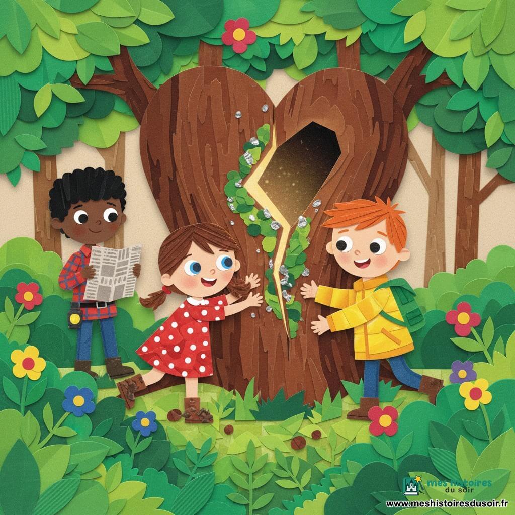 Trois enfants devant l'entrée secrète d'un immense arbre en forme de cœur : Lila, 6 ans, joyeuse et courageuse, couettes brunes, robe rouge à pois et bottines boueuses, pousse la fissure; Tom, 6 ans, énergique, cheveux roux courts, veste jaune et sac à dos vert, tient la main de Lila à sa droite; Sami, 7 ans, réfléchi, cheveux noirs, chemise à carreaux avec lampe de poche et boussole, se tient en retrait à gauche; forêt luxuriante aux couleurs saturées, feuillage et fleurs semblant découpés en papier, fissure sombre ornée de mousse et pierres brillantes laissant filtrer une lumière dorée, ambiance chaude, expressions d'émerveillement et composition centrée.